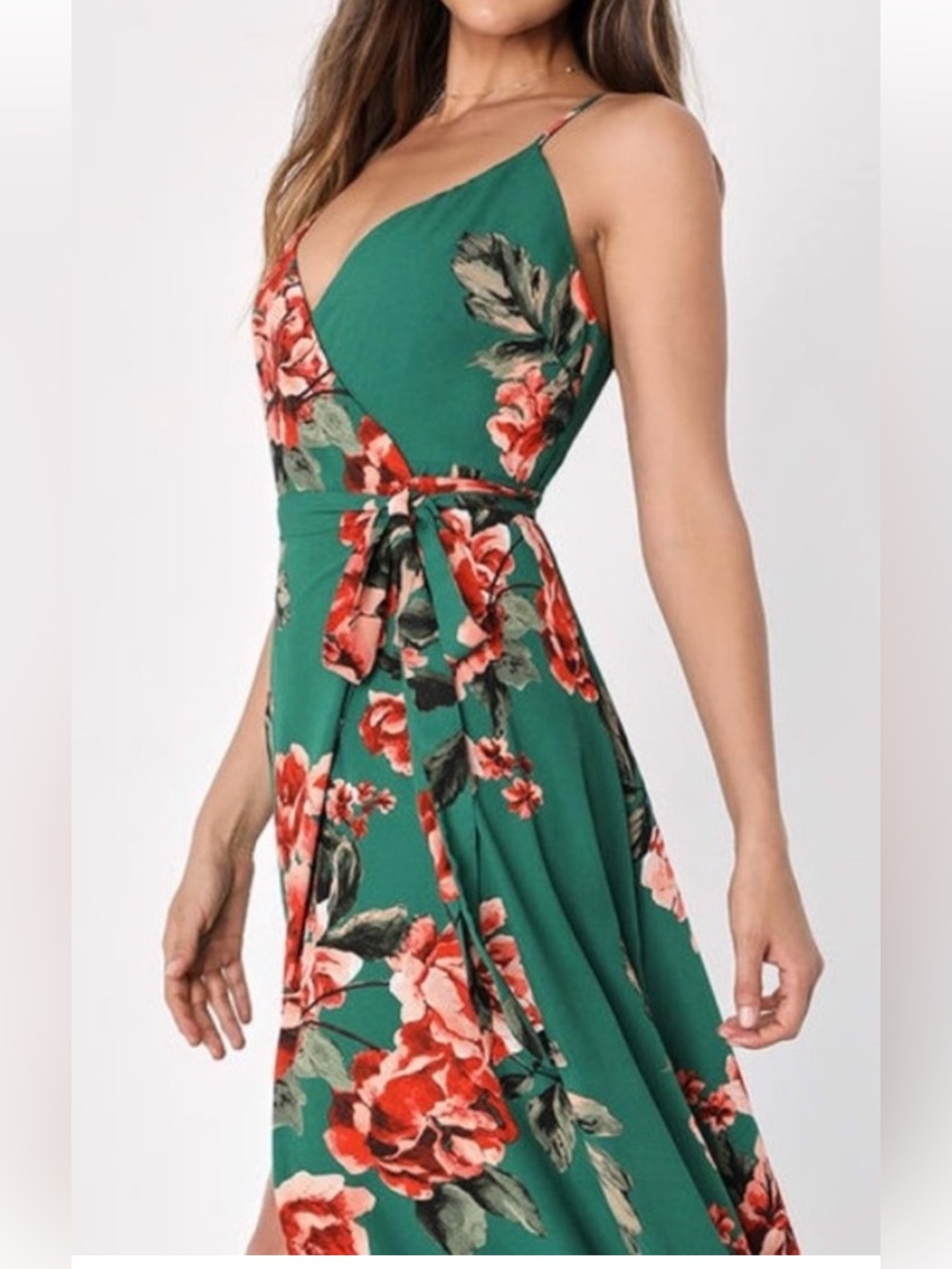 Lulus Floral Wrap Maxi Dress in Dark Green L